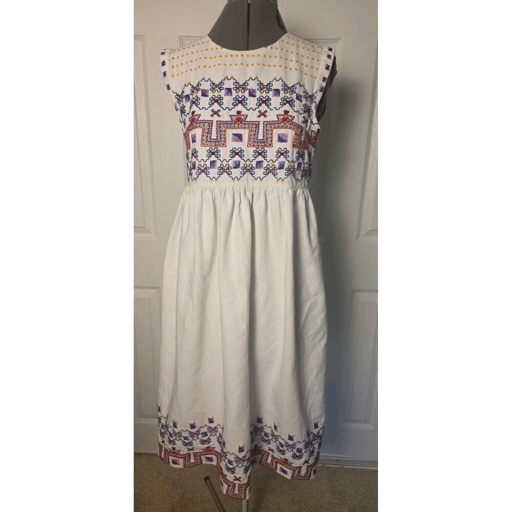 Suno NY White Cotton Geometric Embroidered Boho Sleeveless Midi Dress Size 2